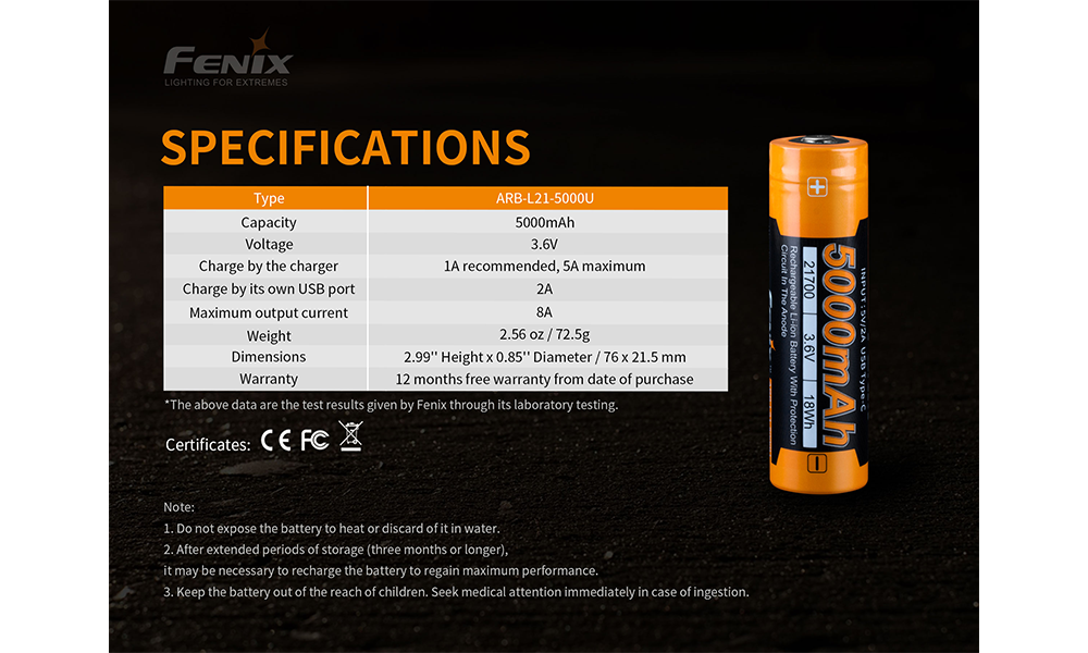 Fenix ARB-L21-5000U Rechargeable 21700 Battery Fenix Store