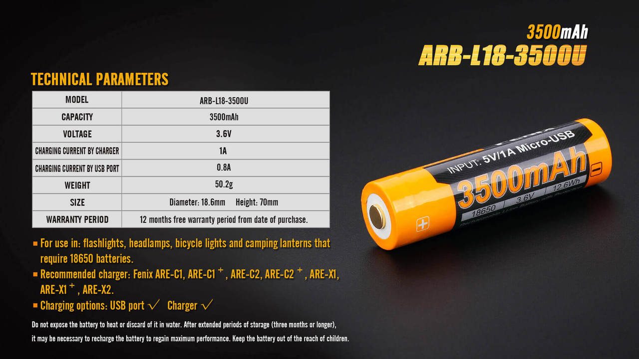 Fenix ARB-L18-3500U USB Rechargeable Li-ion 18650 Battery Fenix Store